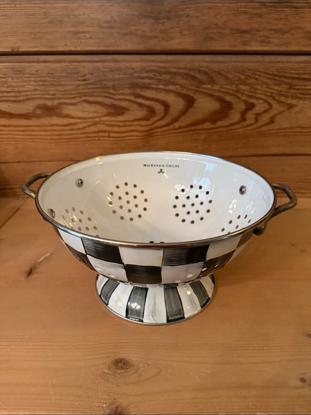 New MacKenzie-Childs Large Courtly Check Black & White Enamel Colander